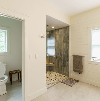 Bathroom in timber frame home in Fayston, Vermont