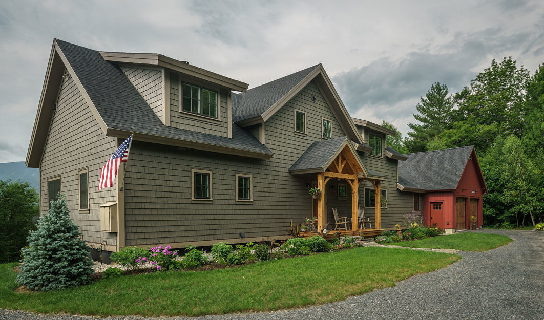 Exterior of timber frame home in Fayston, Vermont