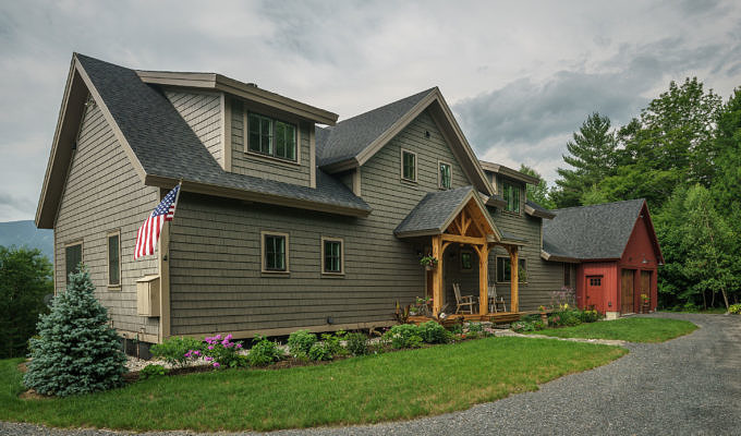 Exterior of timber frame home in Fayston, Vermont