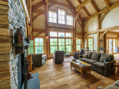 Great room in timber frame home in Fayston, Vermont