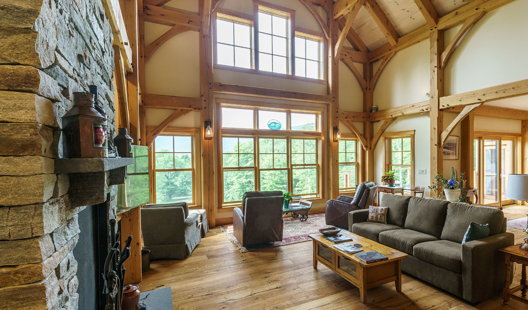 Great room in timber frame home in Fayston, Vermont