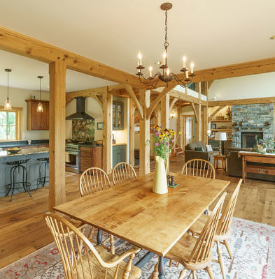 Dining room in timber frame home in Fayston, Vermont