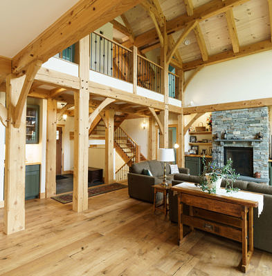 Living room in timber frame home in Fayston, Vermont