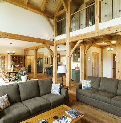 Living area in timber frame home in Fayston, Vermont