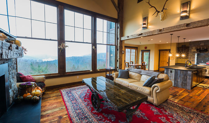Living room in western style lodge home in Waterbury, Vermont