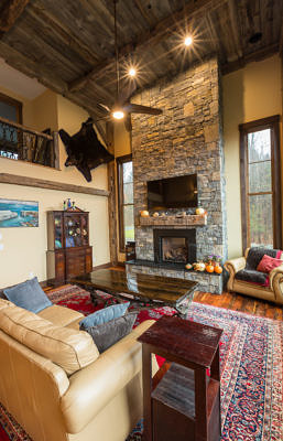 Living room in western style lodge home in Waterbury, Vermont