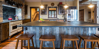 Custom kitchen in western style lodge home in Waterbury, Vermont